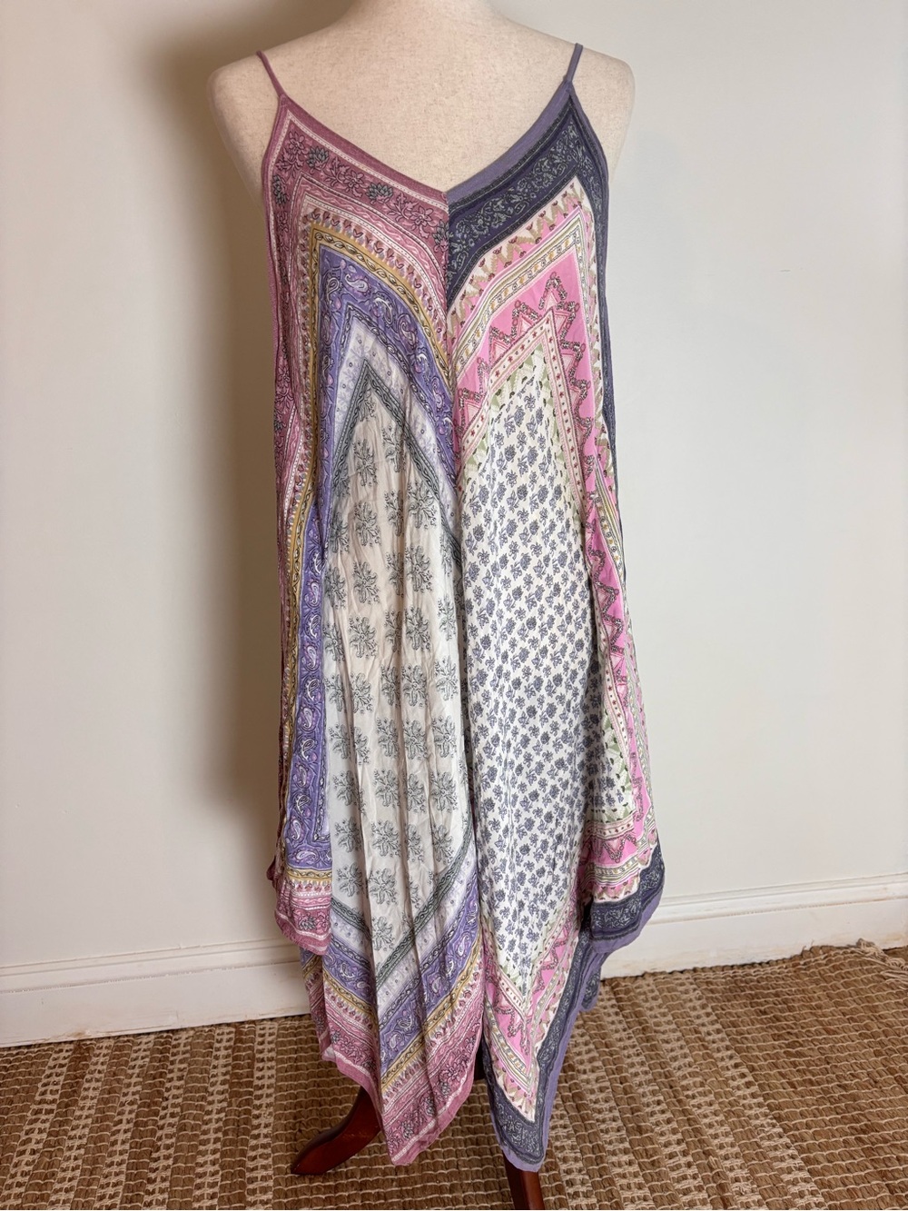 Loved by Anthropologie Scarf Print Handkerchief Hem Slip Dress XS/S Boho Midi